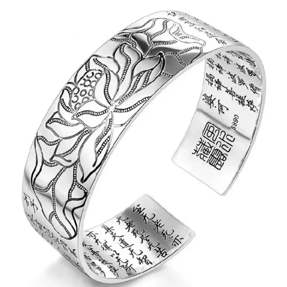Unisex‎ Large S999 Thai Pure Silver Lotus Cuff Bracelet, Adjustable